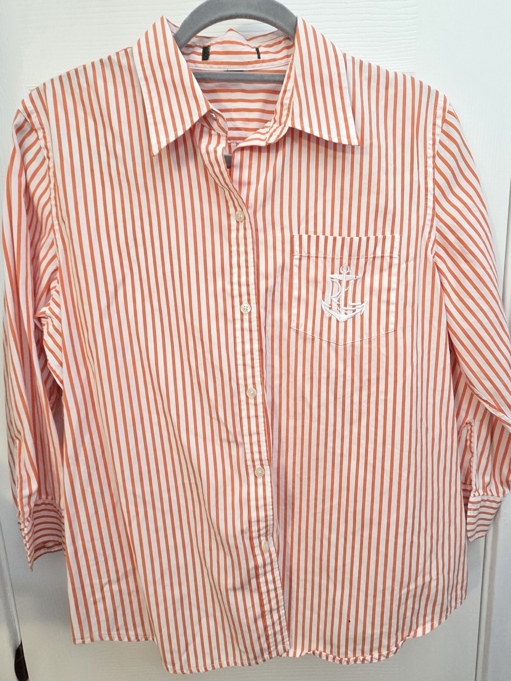 Lauren Ralph Lauren Orange Striped Anchor Crest Button Up Shirt Womens Size L